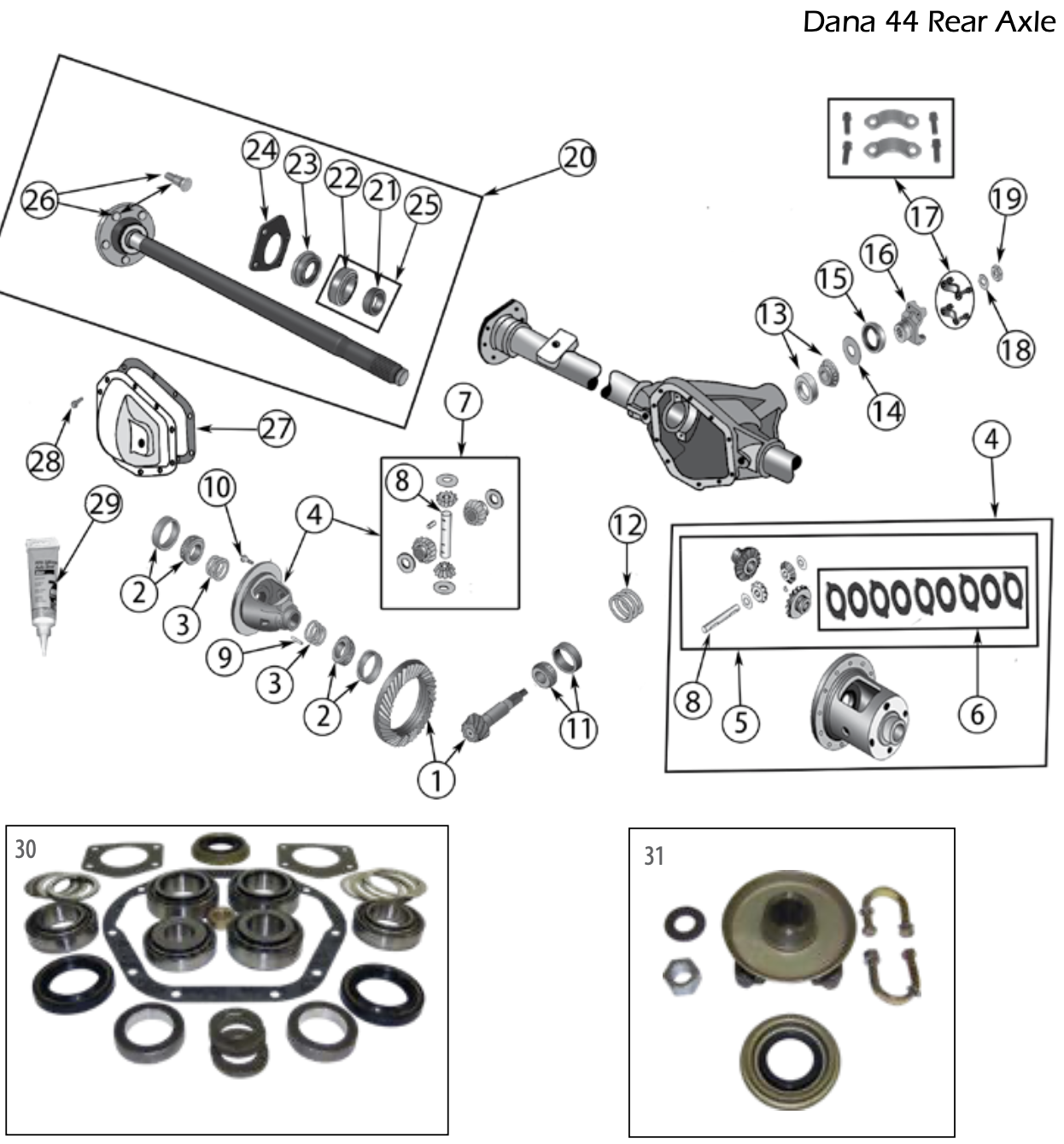 Exploded diagram and parts kits for the YJ Dana 44 rear axle. Numbered callouts match the table below.