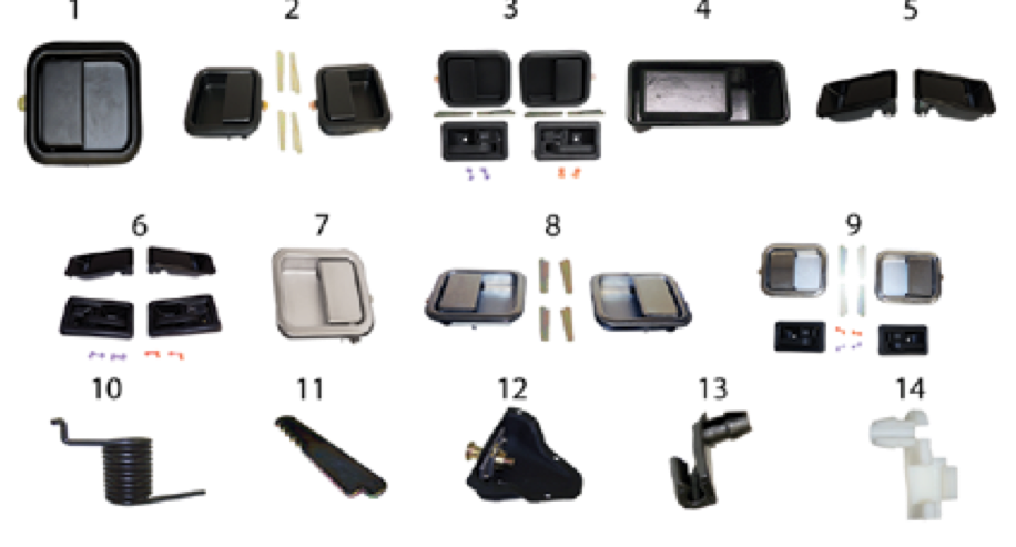 YJ door parts. Numbered callouts match the table below.