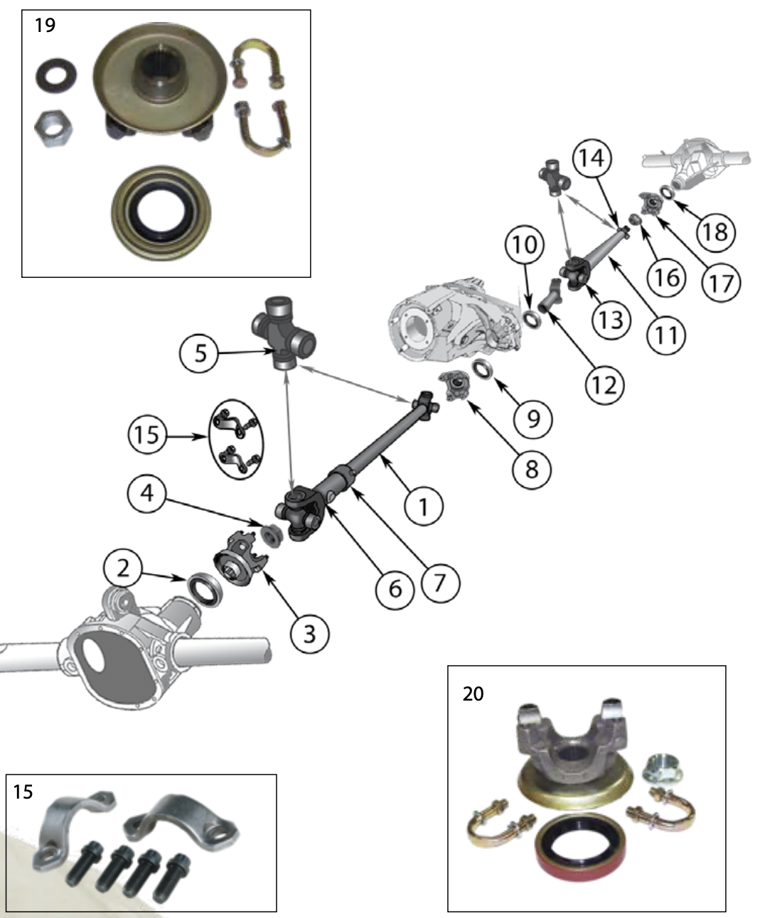 Exploded diagram and parts kits for the YJ driveshaft. Numbered callouts match the table below.