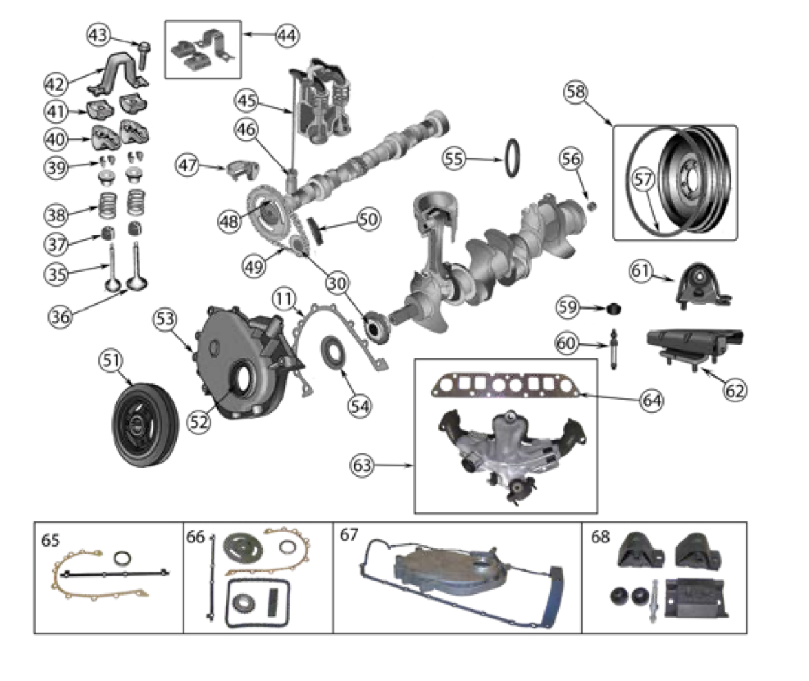 YJ 2.5 liter amc engine parts. Numbered callouts match the table below.