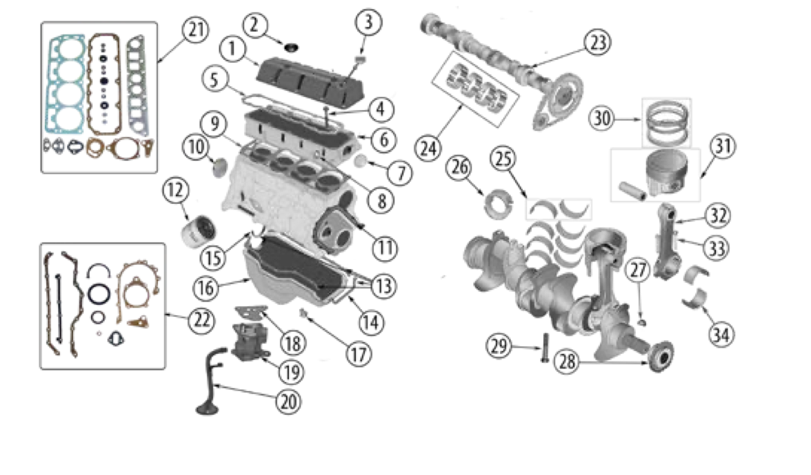 YJ 2.5 liter amc engine parts. Numbered callouts match the table below.