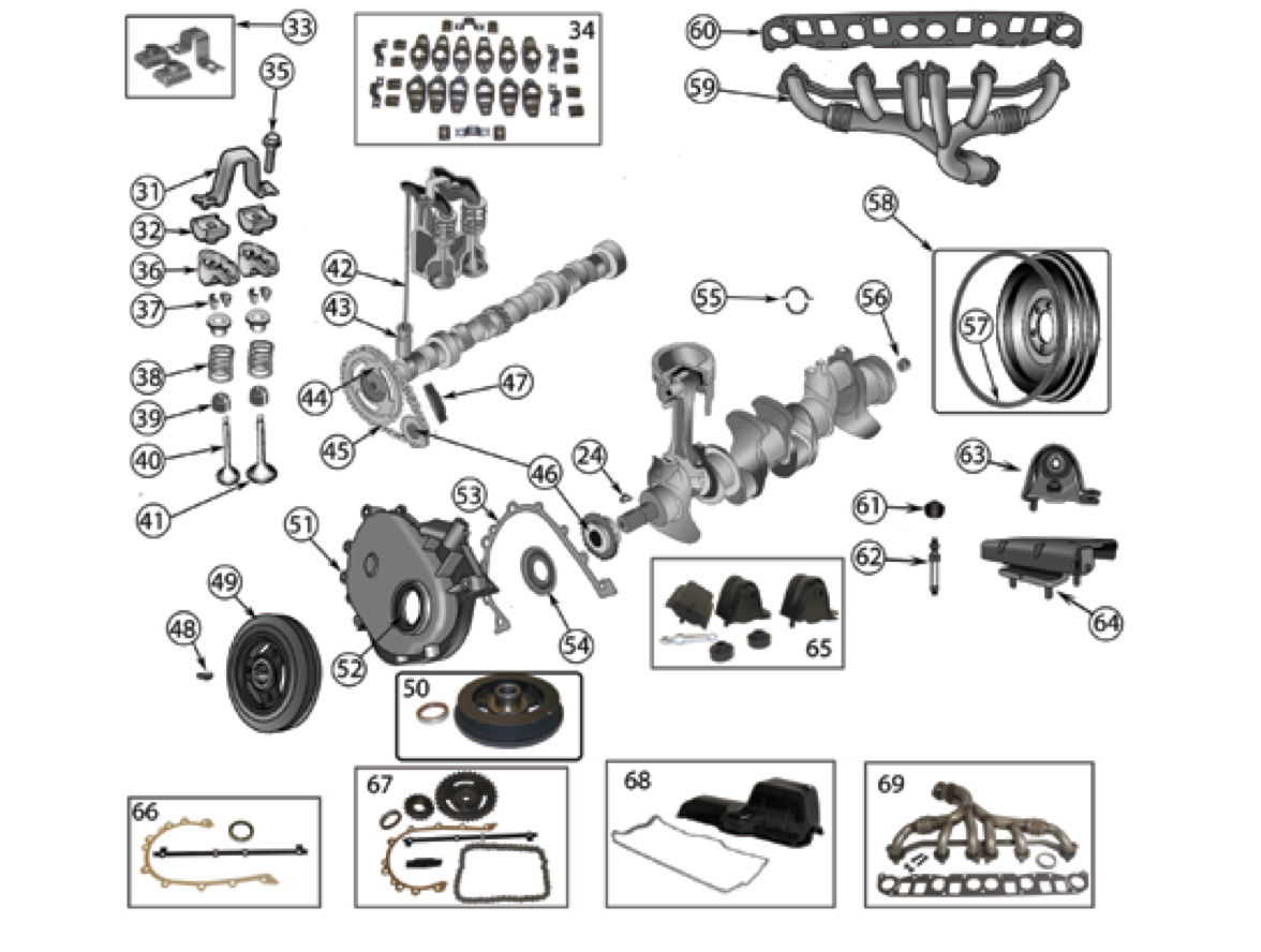 YJ 4.0 liter amc engine parts. Numbered callouts match the table below.