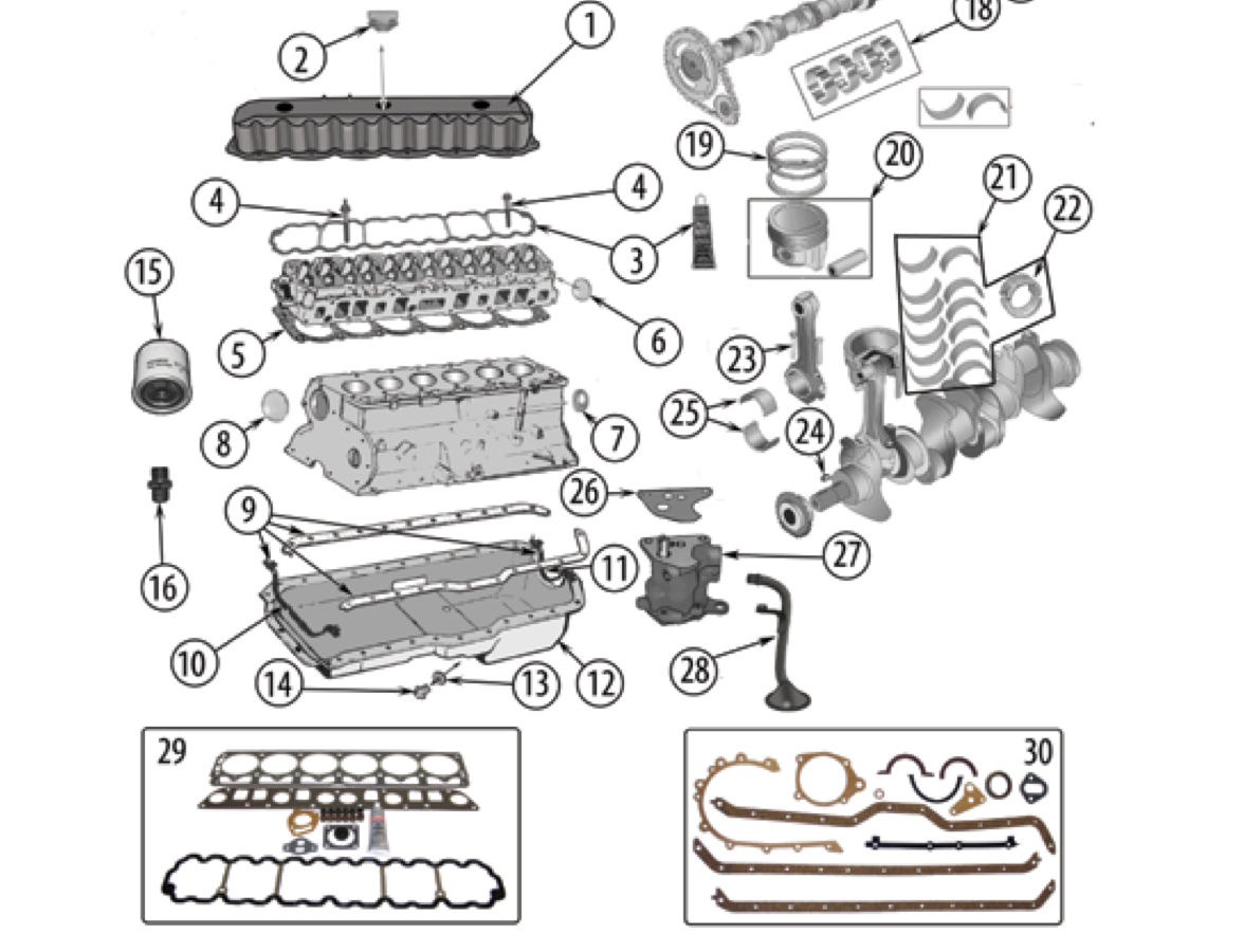 YJ 4.0 liter amc engine parts. Numbered callouts match the table below.