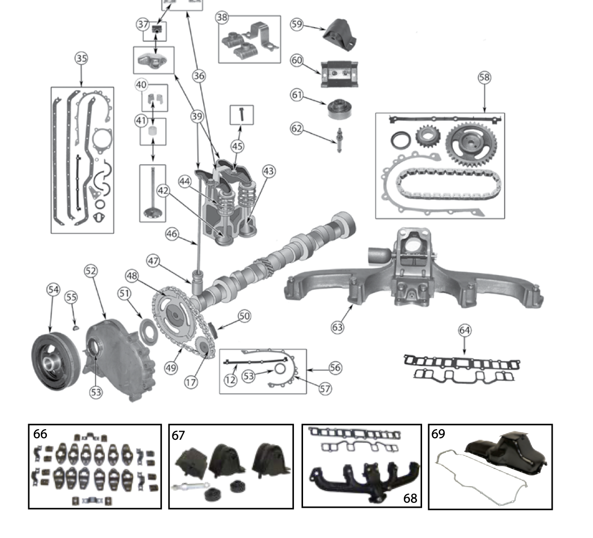 YJ 4.2 liter engine parts. Numbered callouts match the table below.