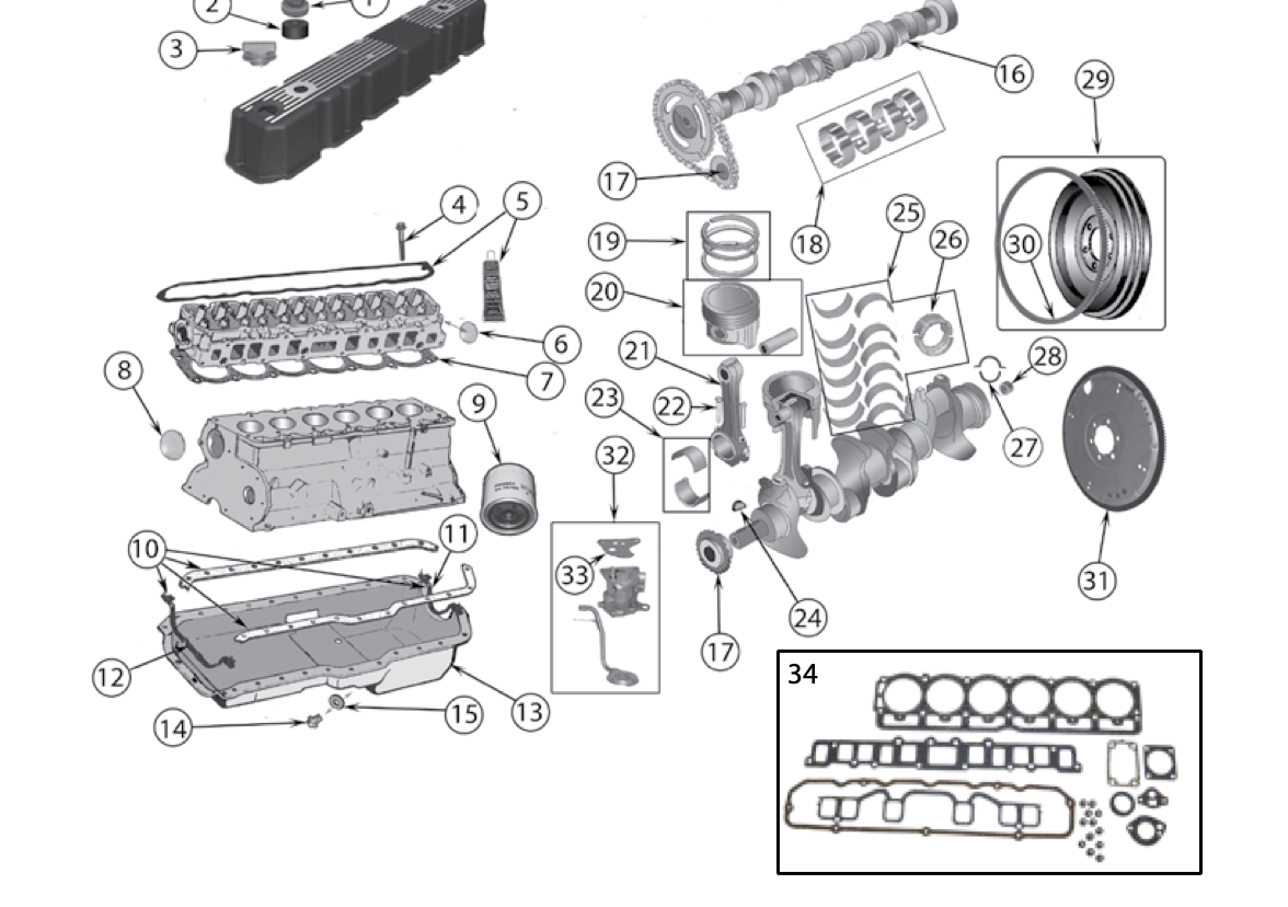 YJ 4.2 liter engine parts. Numbered callouts match the table below.