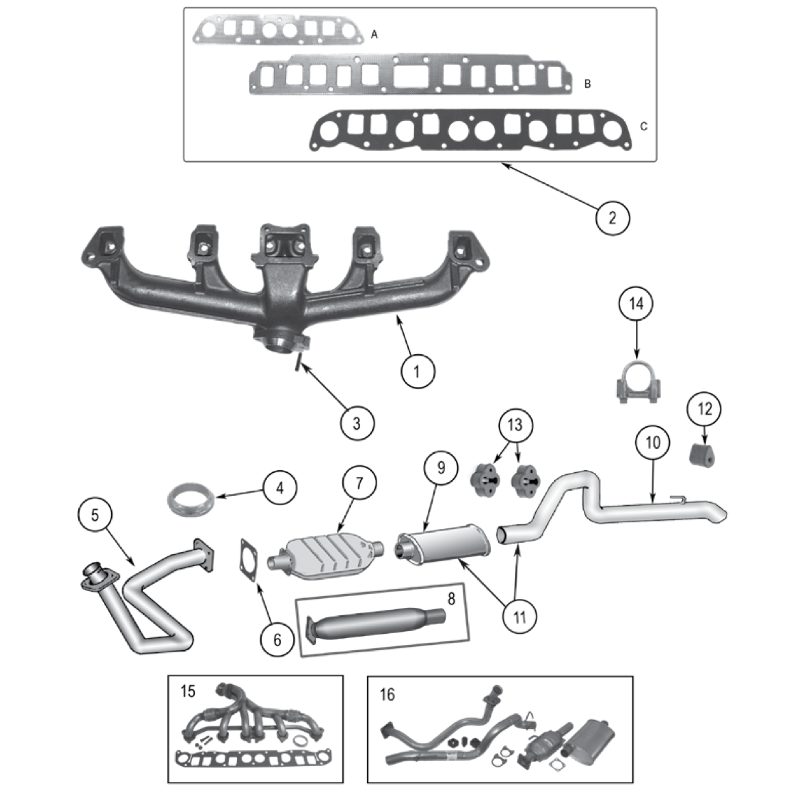 YJ exhaust parts. Numbered callouts match the table below.