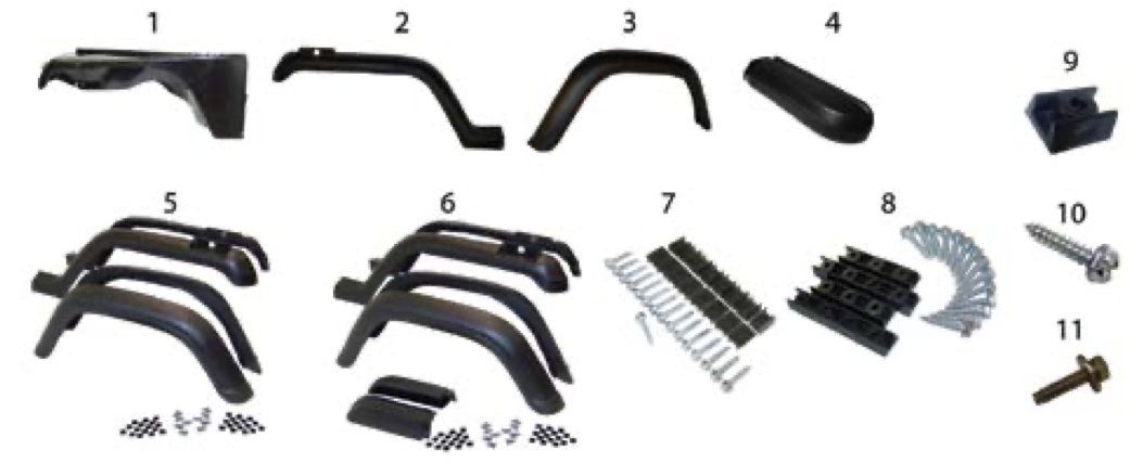 YJ fender parts. Numbered callouts match the table below.