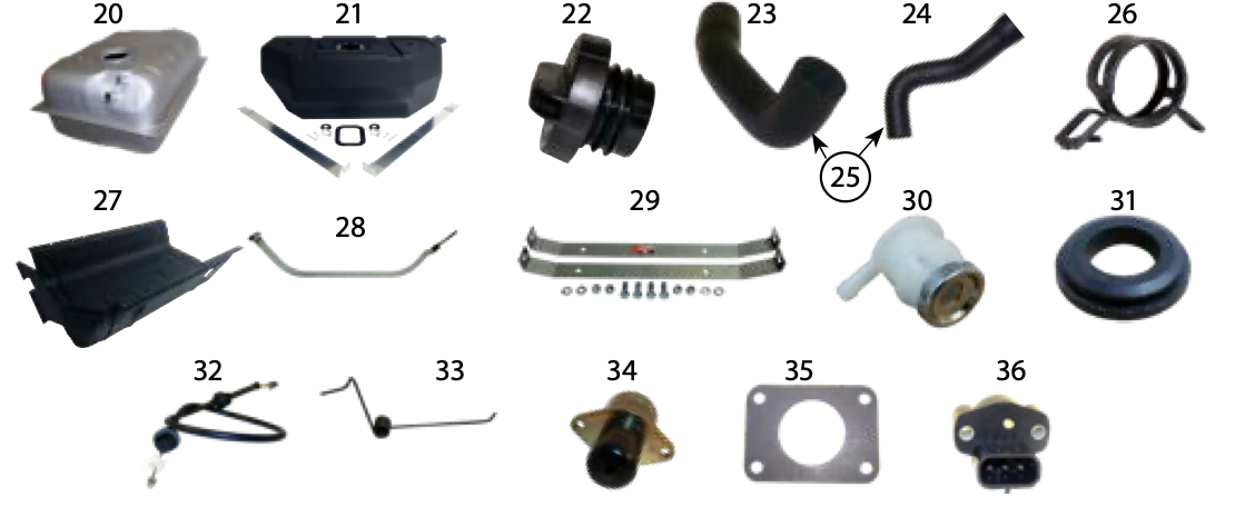 YJ fuel tank / throttle body parts. Numbered callouts match the table below.