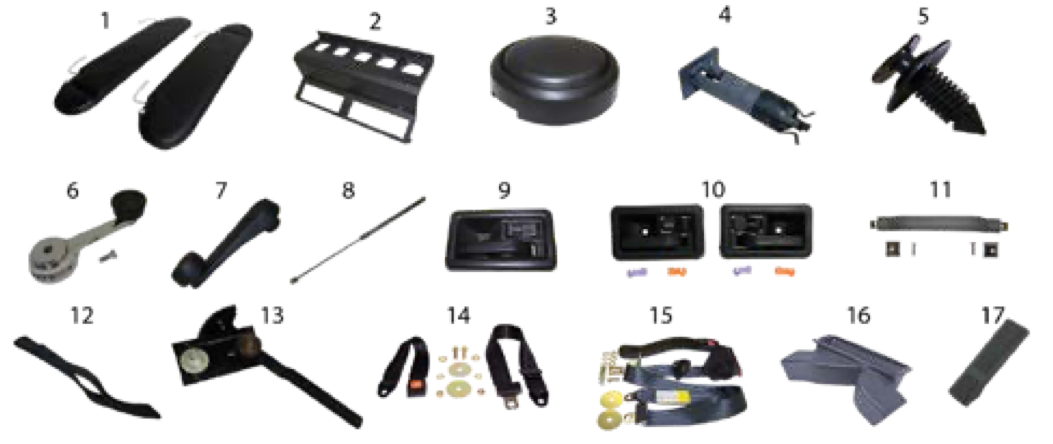 YJ interior parts. Numbered callouts match the table below.