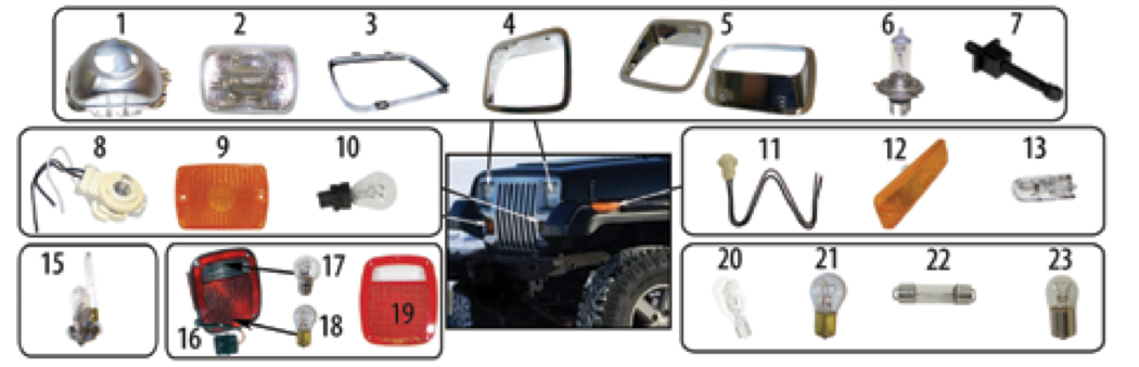 YJ lighting parts. Numbered callouts match the table below.