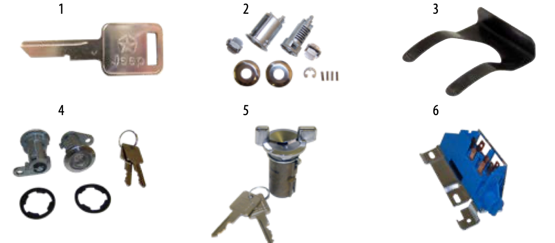 YJ lock cylinders & keys parts. Numbered callouts match the table below.