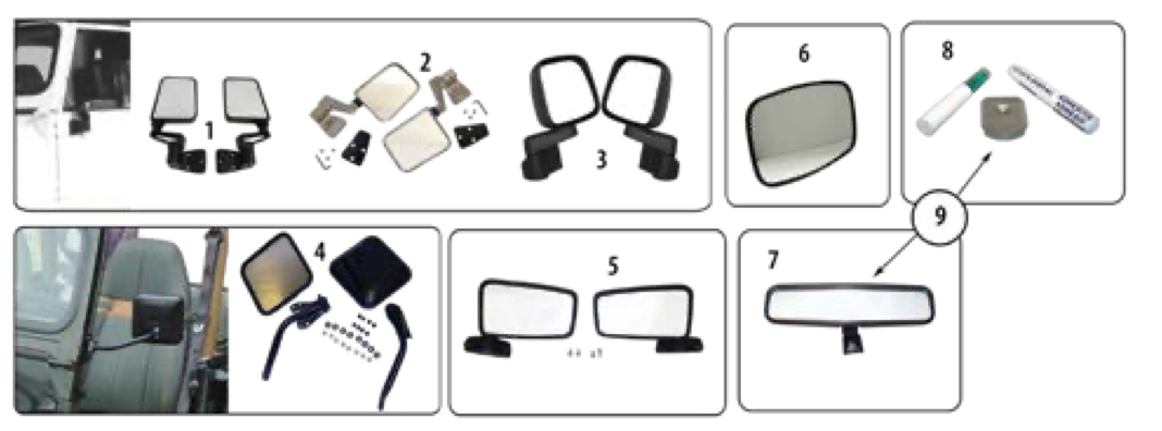 YJ mirror parts. Numbered callouts match the table below.