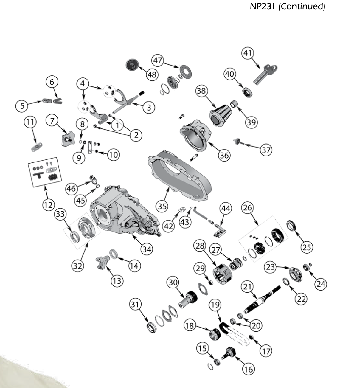 YJ np231 parts. Numbered callouts match the table below.
