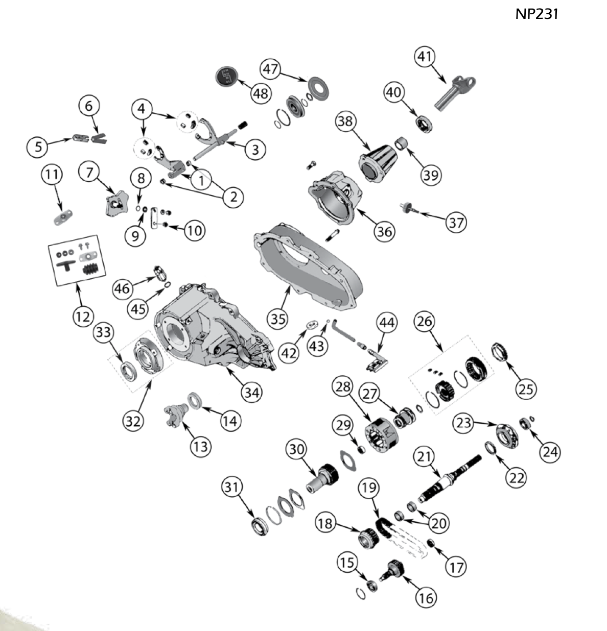 YJ np231 parts. Numbered callouts match the table below.