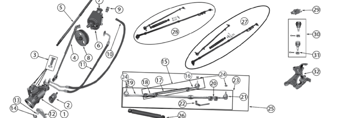 YJ steering parts. Numbered callouts match the table below.