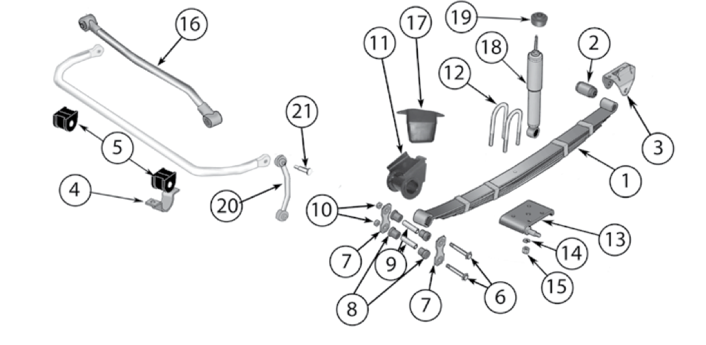 YJ front suspension parts. Numbered callouts match the table below.