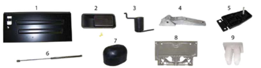 YJ tailgate parts. Numbered callouts match the table below.