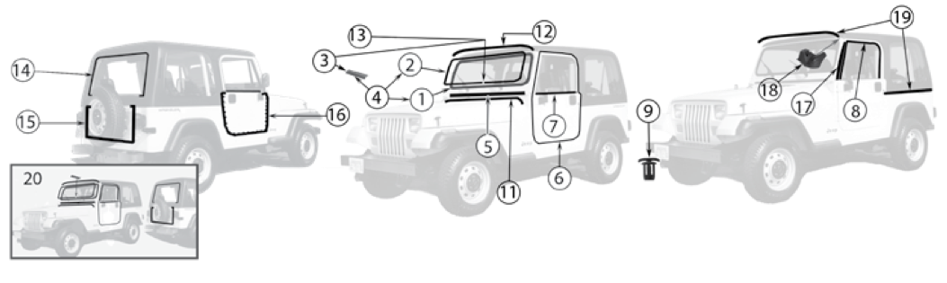 YJ weatherstrip parts. Numbered callouts match the table below.